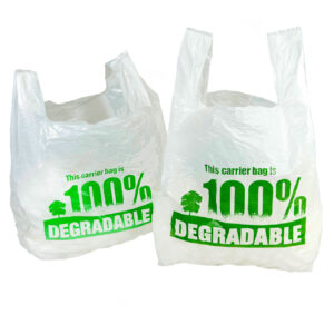Biodegradable carrier bags with handles made from degradable plastic for retail and takeaway use