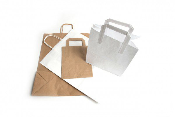 Brown and white SOS paper carrier bags