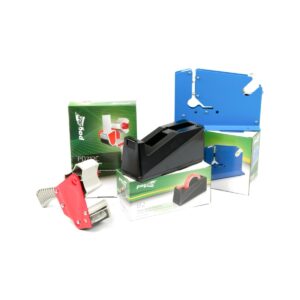 Tape dispensers, pistol grip carton sealers and bag neck sealer